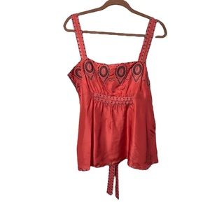 BCBGMaxAzria Woven Silk Top Coral Embroidered Tank Bohemian Quiet Luxury Medium